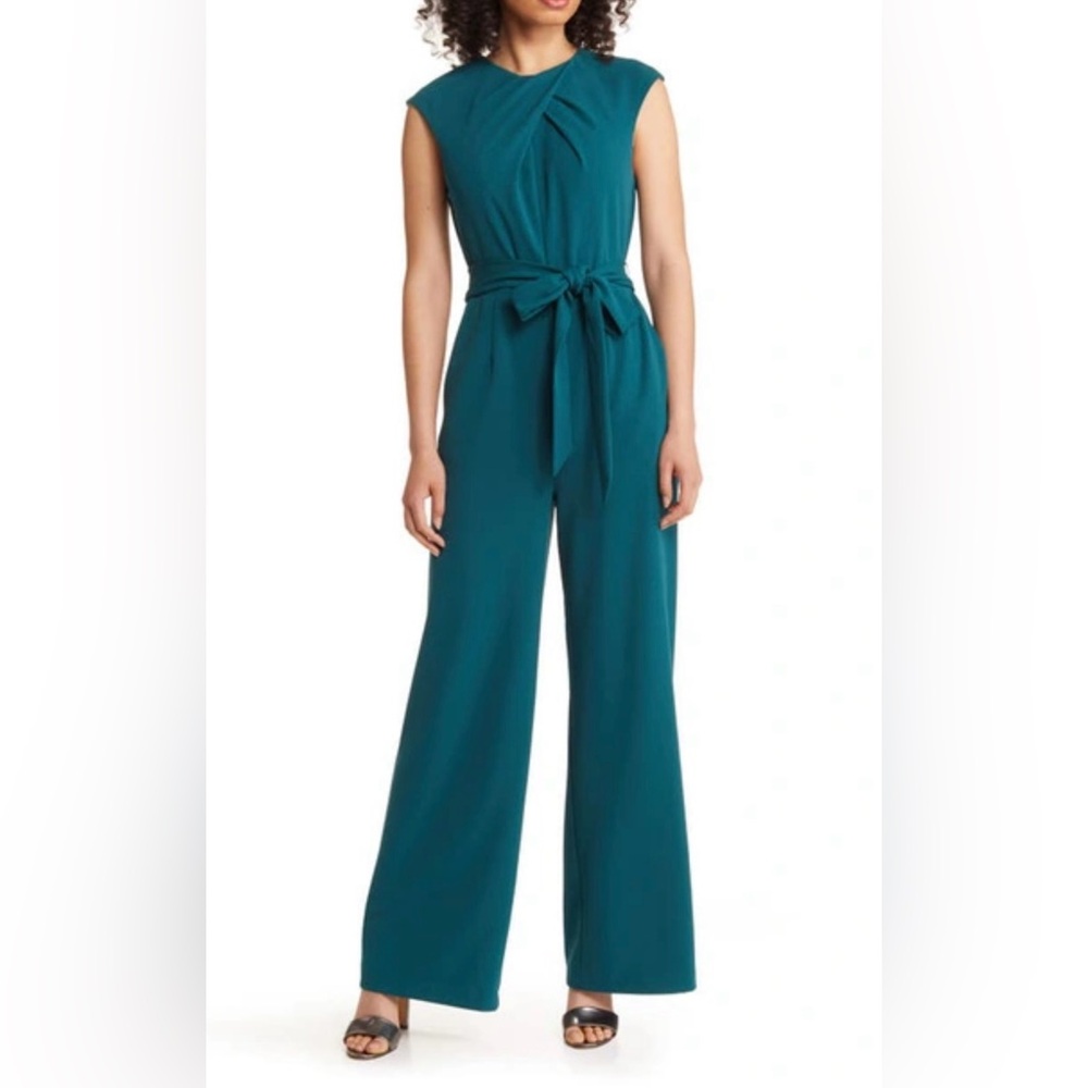 Tahari Teal Sleeveless Tie-Waist Jumpsuit